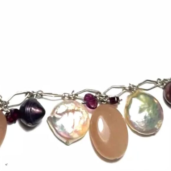 Vintage Necklace Silver Tone Chain MOP Glass Agate Purple Dangle 17.5" - Picture 2 of 2